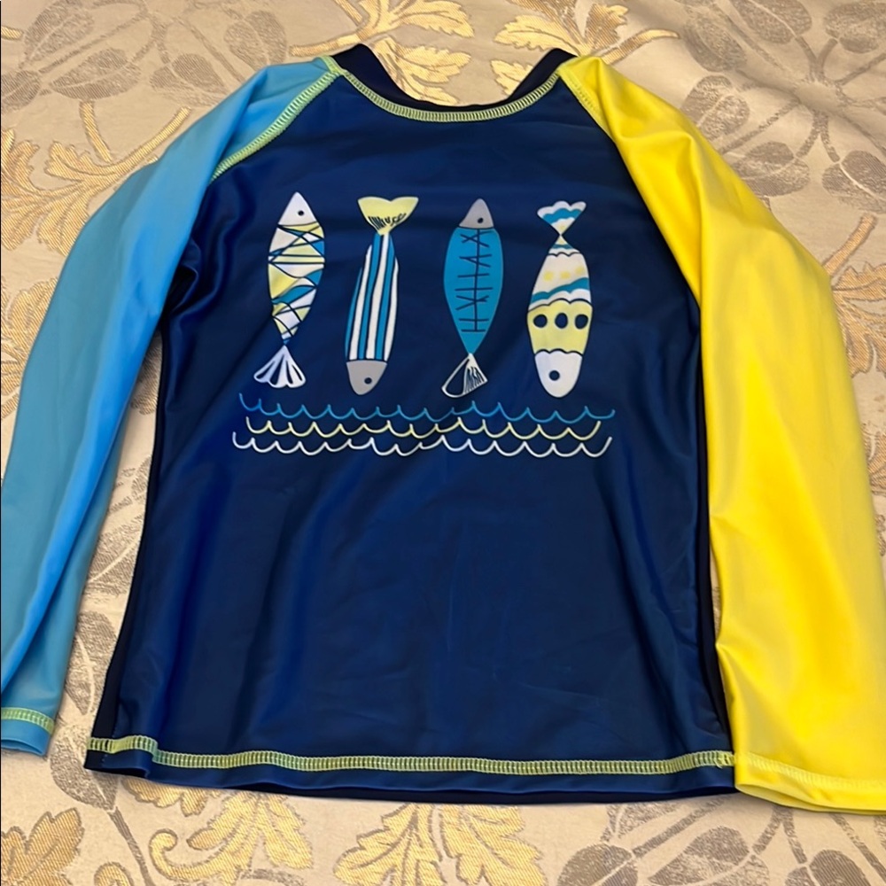 NIB 3 piece Blue and Yellow Rashguard with Fish Design, Swim Bottom & Hat piece